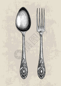 老式勺子和叉子手绘图片