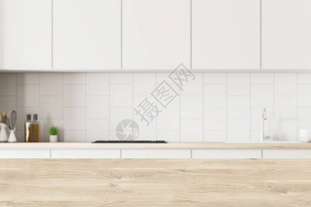 现代厨房的内部有白色瓷砖墙白色和木制台面内置电器和白色橱柜前台的表3图片