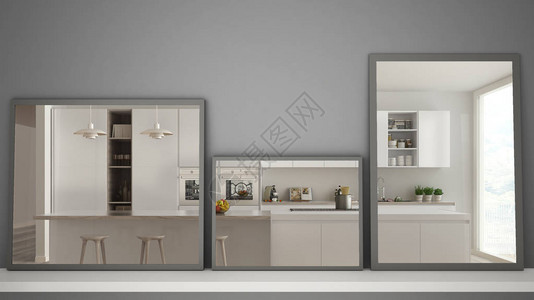 架子或桌上的三面现代反映室内设计场景当代现厨房简约的白色背景图片