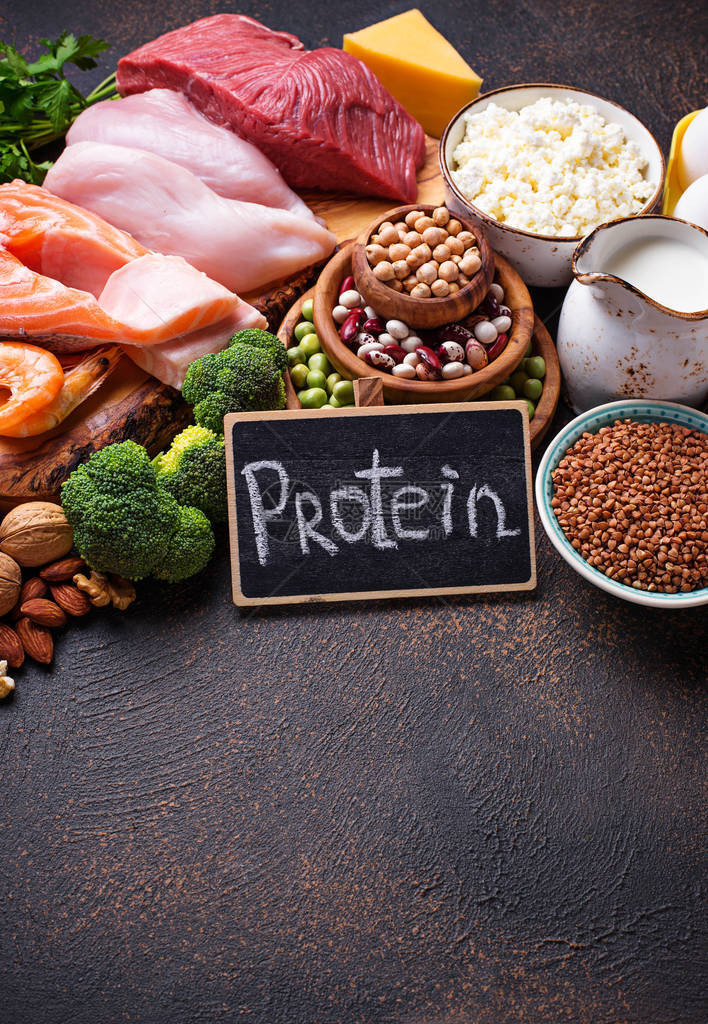 蛋白质含量高的健康食品肉鱼乳制品坚果和豆图片