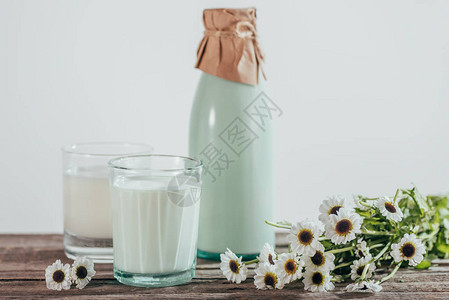 木桌上放着洋甘菊花的瓶子和两杯鲜牛奶图片