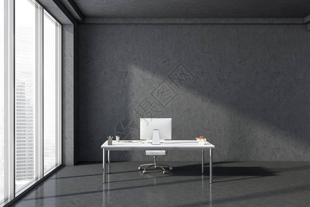 清明接装饰CEO办公室内有灰墙混凝土楼层城市风景模糊的窗口和白色电脑桌3D翻接CEOO设计图片