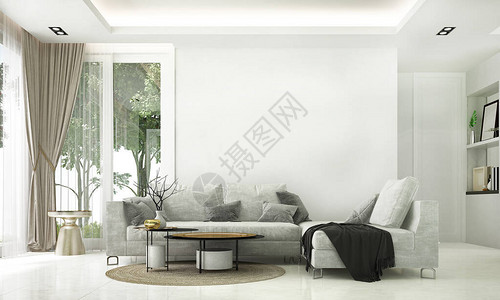 现代白色客厅和白色墙纹理背景内部设计图片
