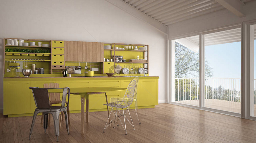 最小型的白色和黄色木制厨房大型全景窗口经典扫描图片