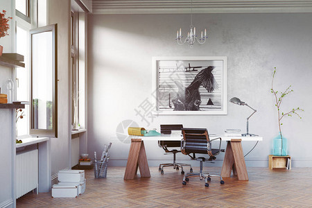 现代书房配有桌子和扶手椅3d概念渲染图片