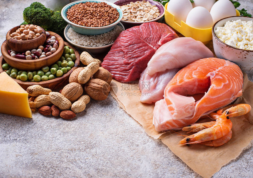 蛋白质含量高的健康食品肉鱼乳制品坚果和豆类图片