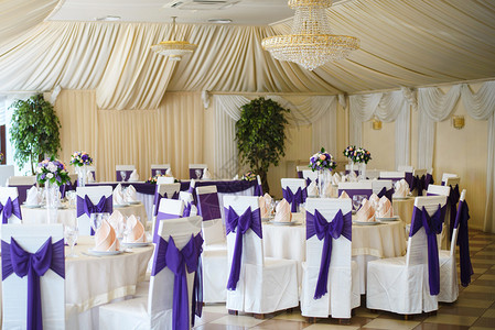 华丽的紫色婚礼椅子和桌子设置图片