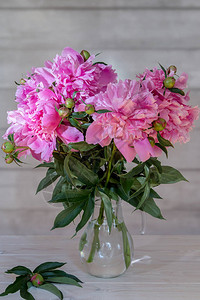 粉红色的花瓶在木制桌子上的花瓶里图片
