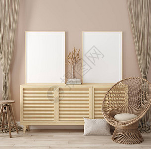 家庭室内背景中的模型框架带天然木制家具的温暖米色房间斯堪的纳维亚风格图片
