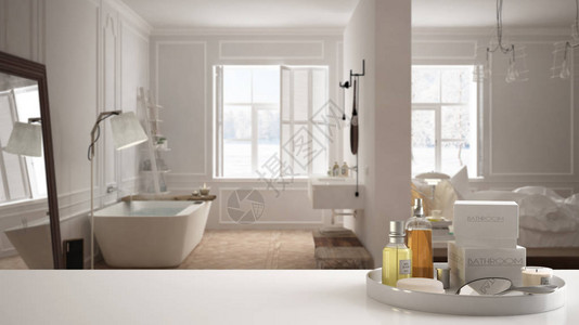 配有洗浴用品洗浴用品模糊的白色斯堪的纳维亚浴室现代图片