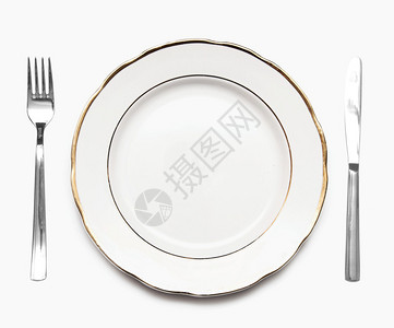 白色背景上的刀白盘和叉子图片