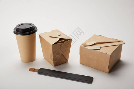 白纸刀纸咖啡杯食物箱和筷子图片