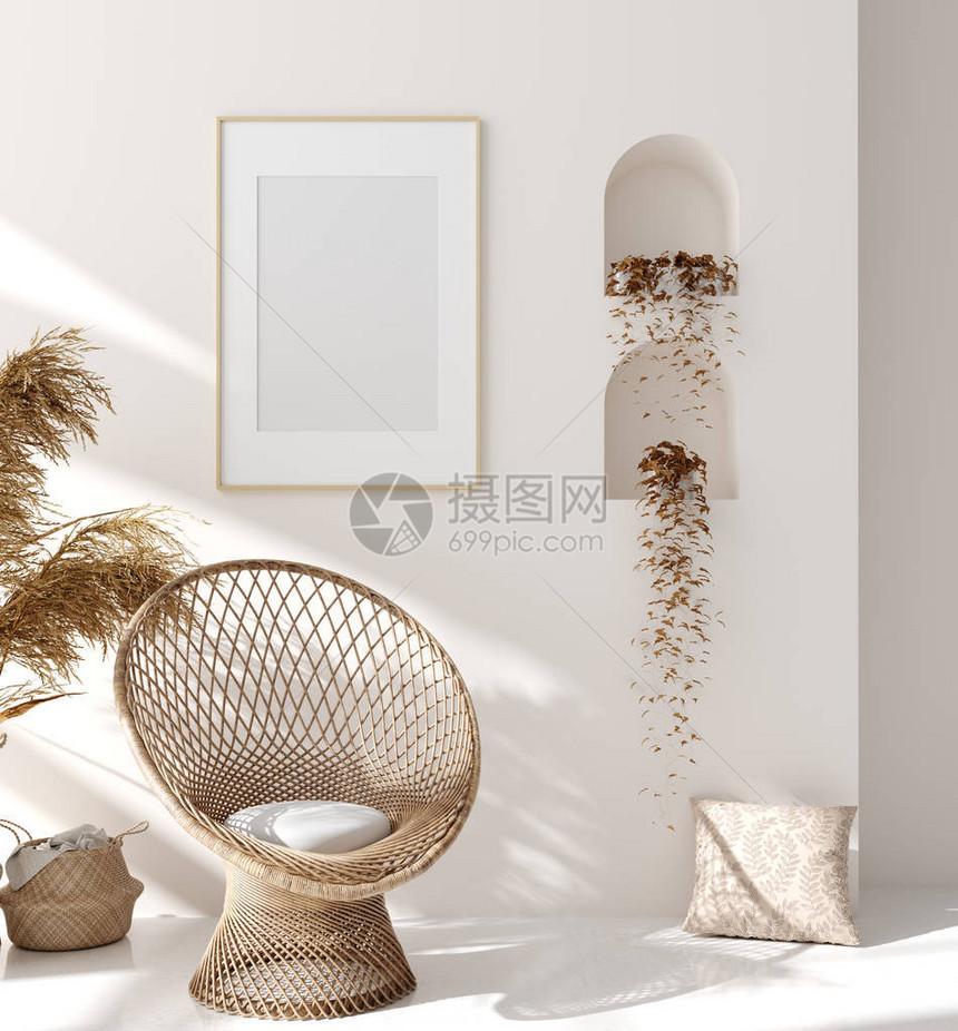 在室内背景蜂蜜室和天然木制家具斯堪的纳维亚风格图片