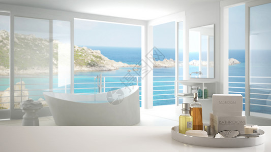 白桌顶或架子上有浴饰厕所超模糊的全景最低限度卫生间现代室内建筑设计等图片