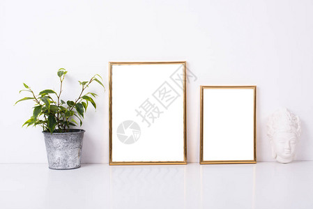 白色墙背景的两套金框模型图片