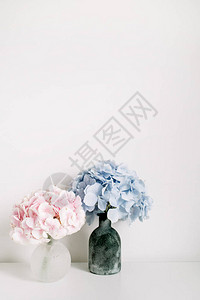 白色背景的粉色和蓝色花朵束最起码的内部图片