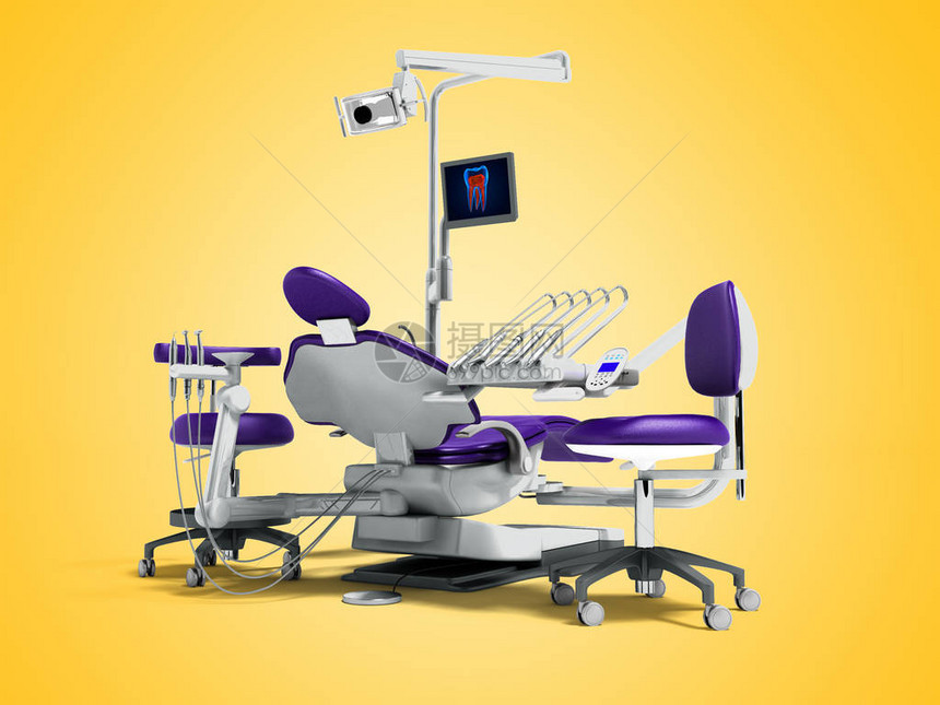 现代紫色牙科椅和带背光的硼砂和显示器图片