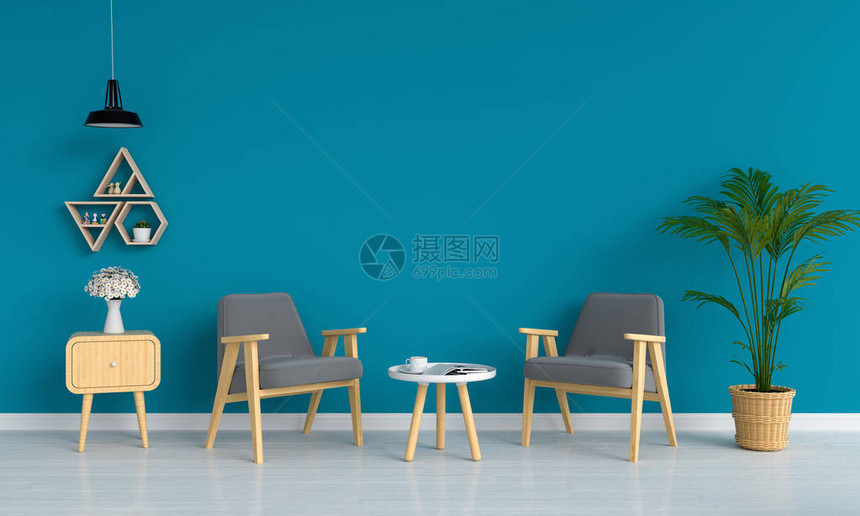 蓝色客厅里的灰色扶手椅3D渲染图片
