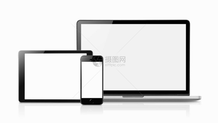 笔记本电脑智能手机和平板电脑样机与空白屏幕隔离在白色背景图片