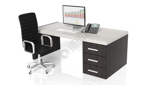 办公室办公桌配备白色背景的设备和黑图片