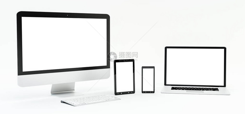 配备计算机和数字设备以及蓝色屏幕3D投影的现代白色办图片