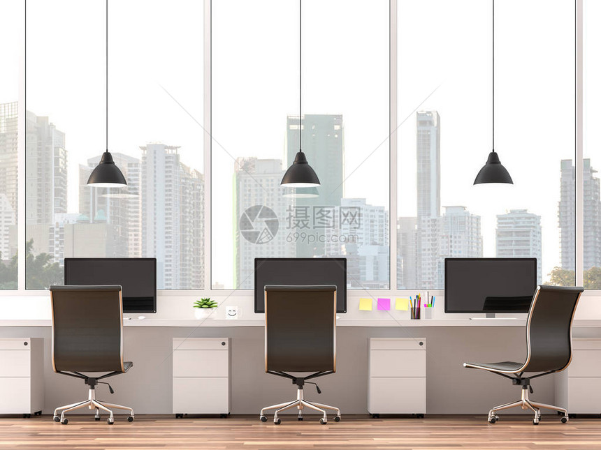 现代办公室与城市景观3d渲染房间有木地板配有白色桌子和黑色皮椅有俯瞰城市图片