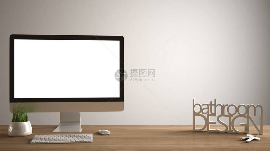 桌面模型模板带空白屏幕的木制办公桌上的计算机房屋钥匙制作单词浴室设计的3D字母白色图片