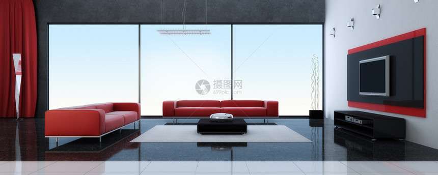 带有红色沙发3dSafa的现代内装室内3d图片