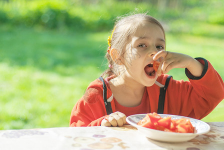 小女孩坐在父母花园的桌前吃切开的蔬菜图片
