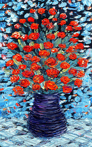 静物油在蓝色背景的深色花瓶里放着一束茂盛的鲜红色花朵图片