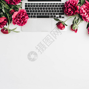 白色背景上有笔记本电脑和粉红色小马花的最小工作空间Flatplay图片
