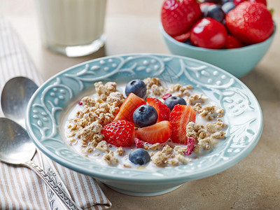 健康早餐格兰诺拉麦片配牛奶和蓝盘中的浆果图片