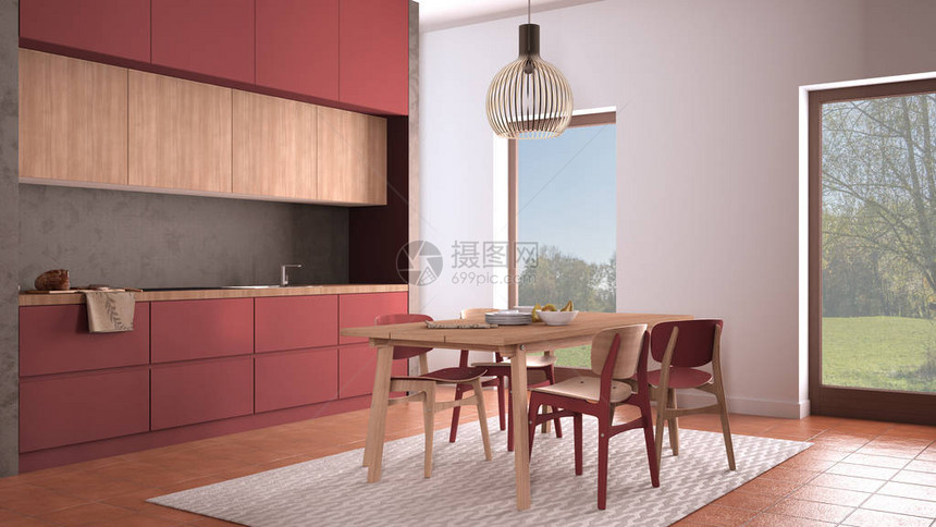 舒适的和木制厨房配有餐桌和椅子地毯和吊灯全景窗户花园树木赤土瓷砖地板图片