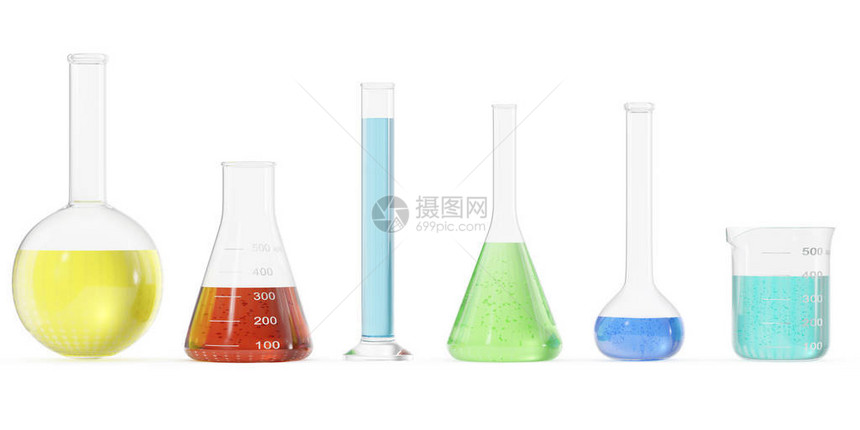 白色背景上有彩色液体的化学烧瓶科学化概念有色液体的实验室试管和烧瓶图片