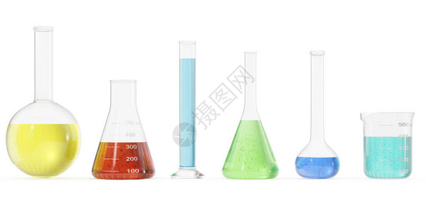 迈尔白色背景上有彩色液体的化学烧瓶科学化概念有色液体的实验室试管和烧瓶插画