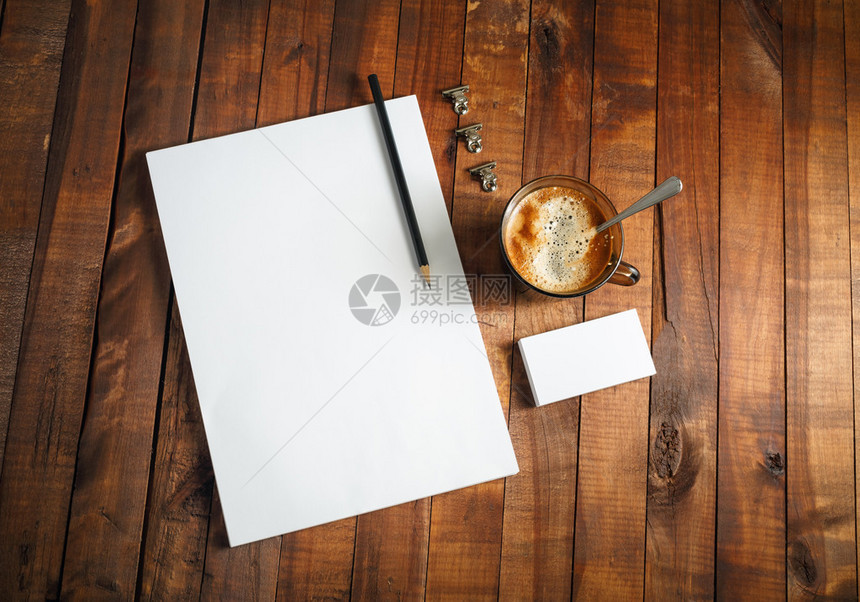 空白文具模板照片信头名片咖啡杯和铅笔设计说明和组合的假冒版图片