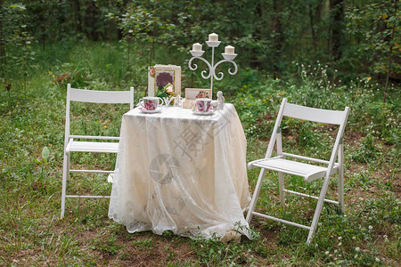 婚礼装饰在树林里浪漫约会的漂亮桌或图片