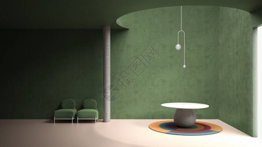 古典玄学室内设计大堂大厅大理石地板圆桌和吊灯扶手椅客厅空旷间灰泥绿色混凝土墙背景图片