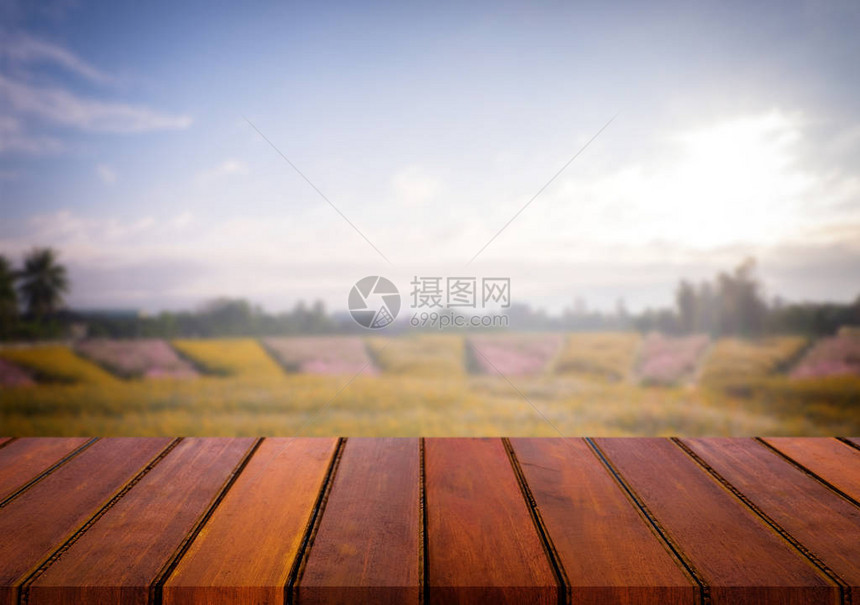 选中的空焦距木制表格和许多带有bokeh图像的花朵模糊背景视图用于您的相片补装图片