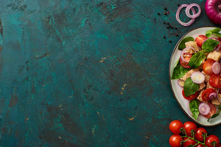 意大利菜色沙拉潘扎尼拉被涂在有成分的草质绿色表面板块背景图片