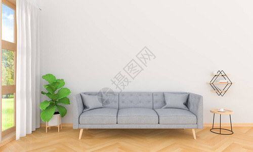 客厅内部的灰色沙发和木桌3D渲染背景图片