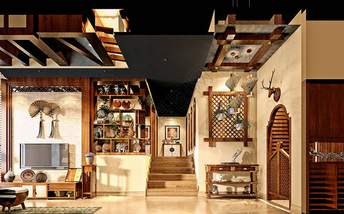 现代客厅和餐厅的3d渲染图片