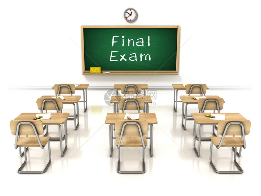 期末考试3d插图白色背景的教室图片