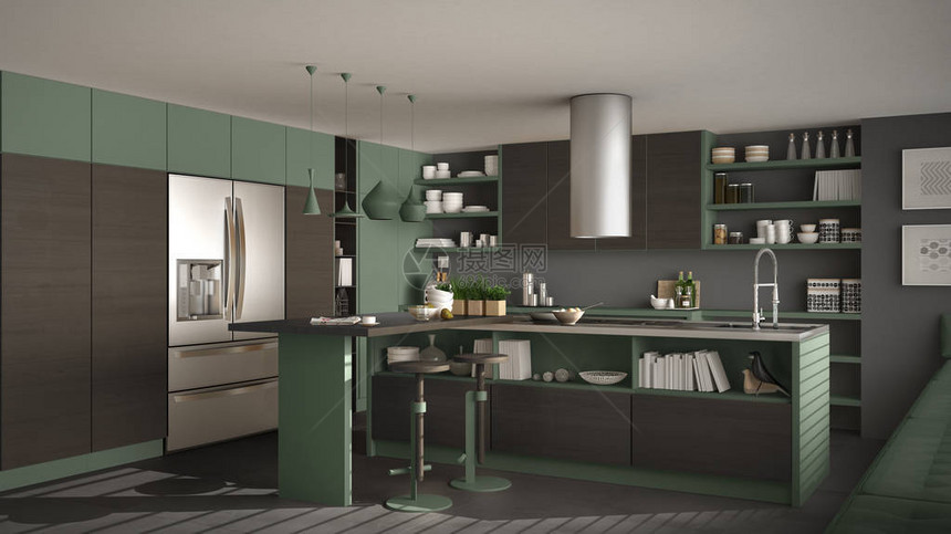 现代木制厨房配有木制细节灰色和绿色图片