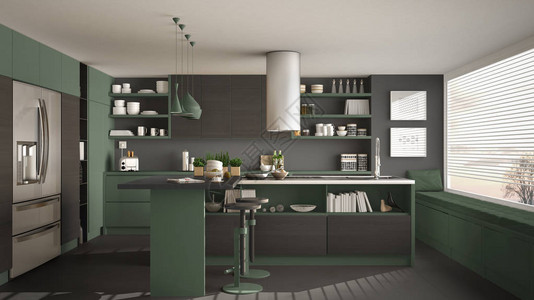 现代木制厨房配有木制细节和全景窗户灰色和绿色简约的室内设计图片