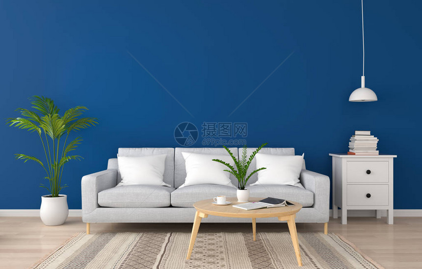 经典蓝色客厅中的灰色沙发模图片