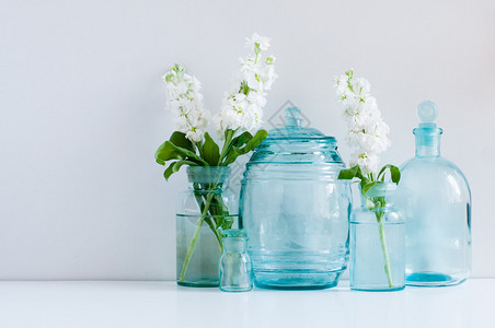 复古家居装饰背景不同蓝色玻璃瓶花中的白色马蒂奥拉花和墙边架图片
