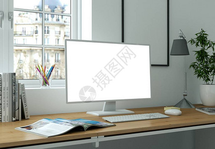 台式计算机在办公桌3D上加白屏幕立方的桌图片