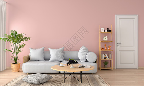 粉红色客厅的灰色沙发和枕头3D渲染图片