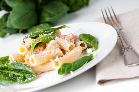 含有鲑鱼和菠菜的面食附带海鲜和干酪的马加通尼部分背景图片